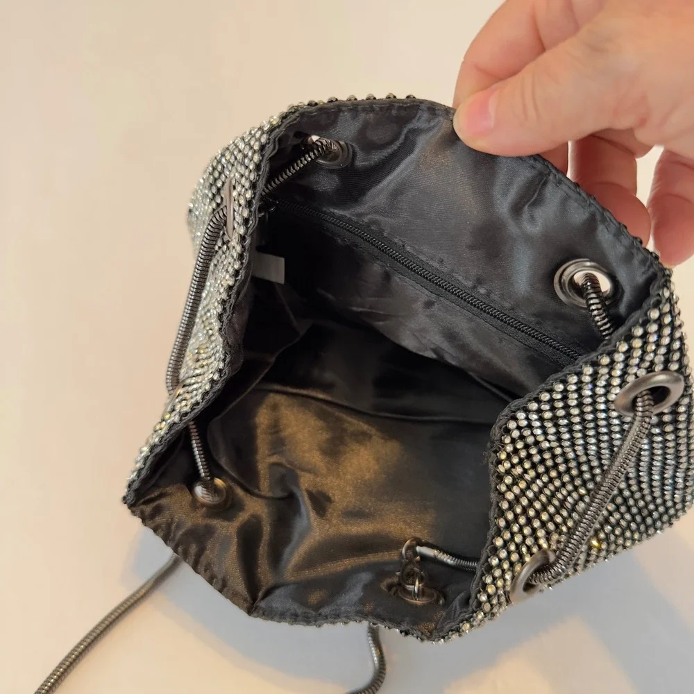 Rhinestone Mesh Evening Bag Silver Black Sparkl Snake Chain Handle Slouchy Pouch